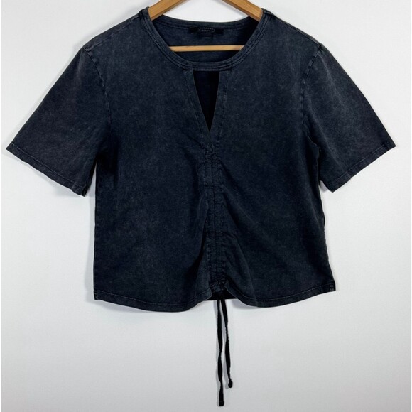 AllSaints Gigi Tee Womens Size 10 Black Washed Cotton Drawstring V Neck Top - Picture 1 of 13